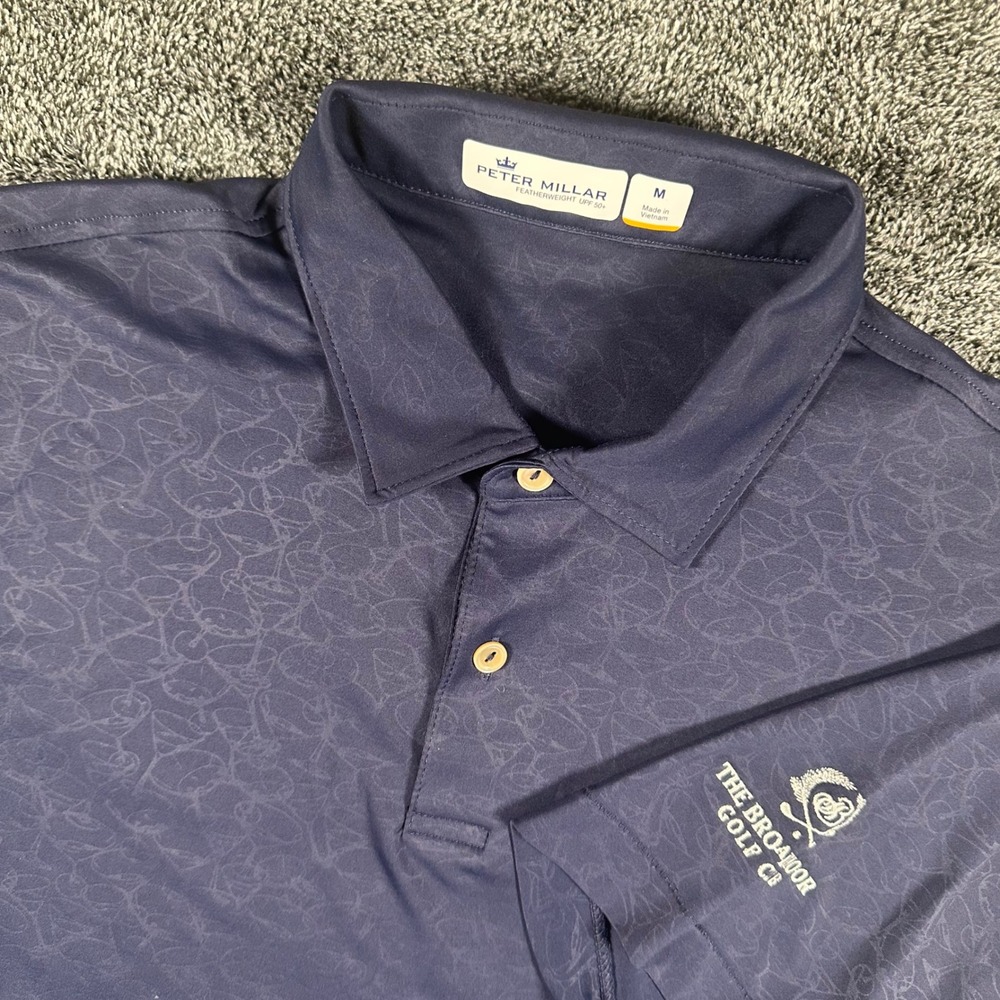Peter Millar Polo Mens M Featherweight Navy Blue Martini The Broadmoor Golf Club